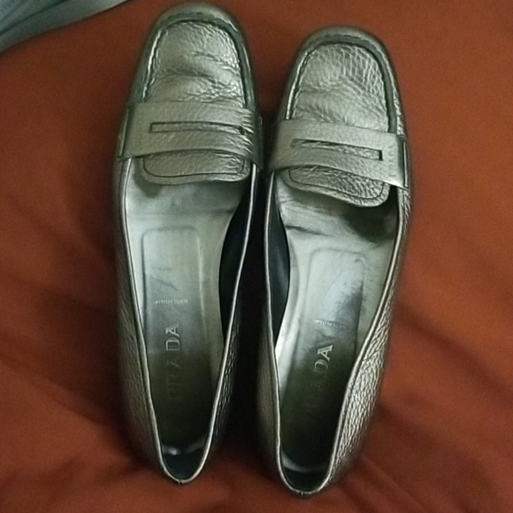 Prada Slip on leather metalic silver loafers - Picture 1 of 7